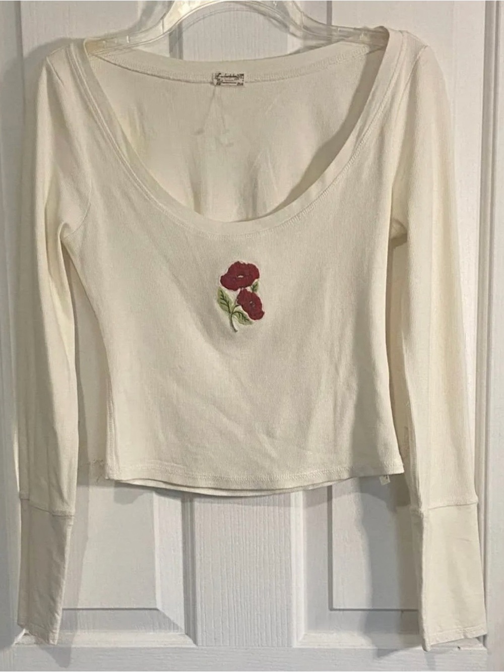 Free people Women's Cream Long-Sleeve Scoop Neck Top with Red Floral Embroidery